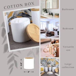 Cotton box product collage showing versatile uses in bathroom and bedroom for storing cotton balls, pads, and jewelry