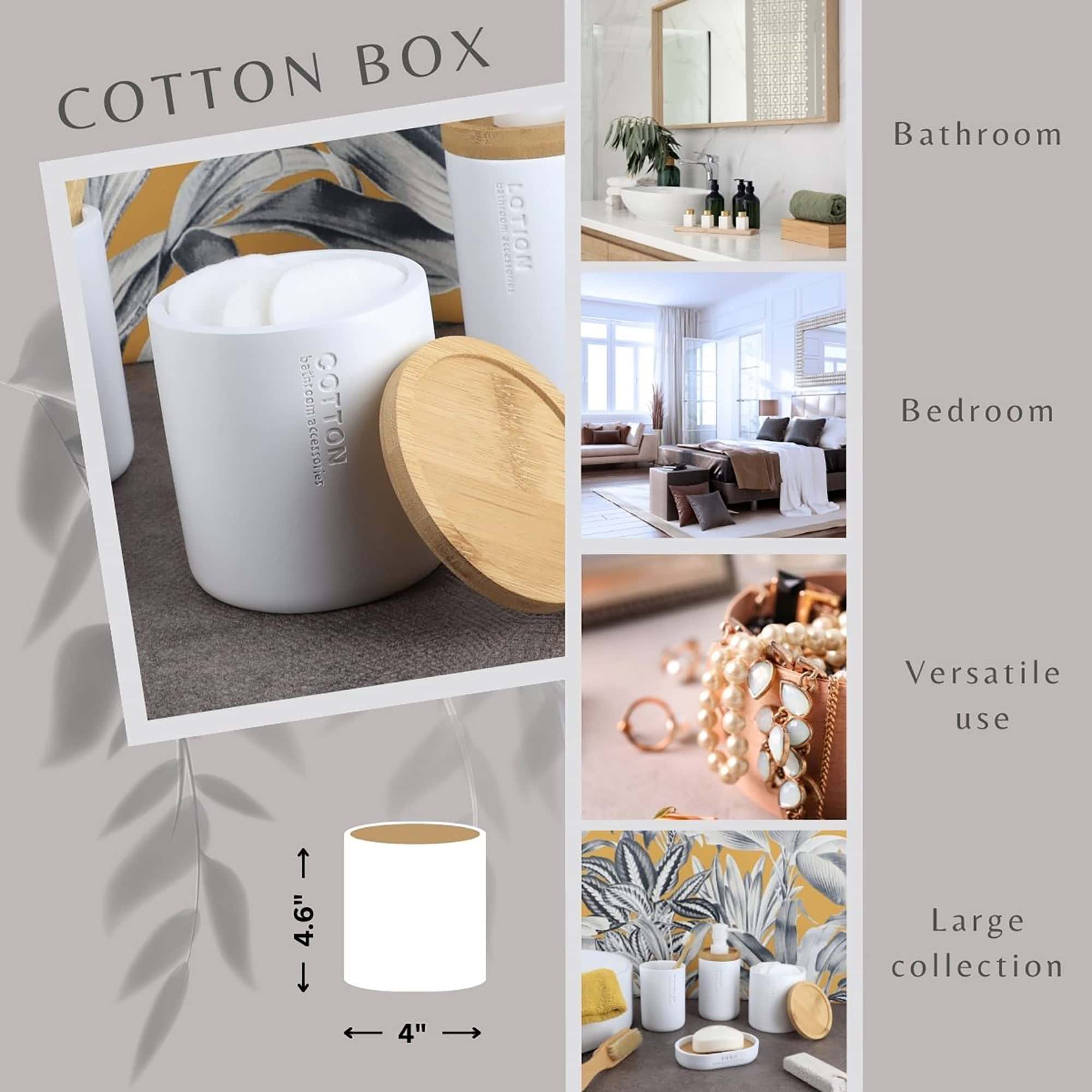Cotton box product collage showing versatile uses in bathroom and bedroom for storing cotton balls, pads, and jewelry