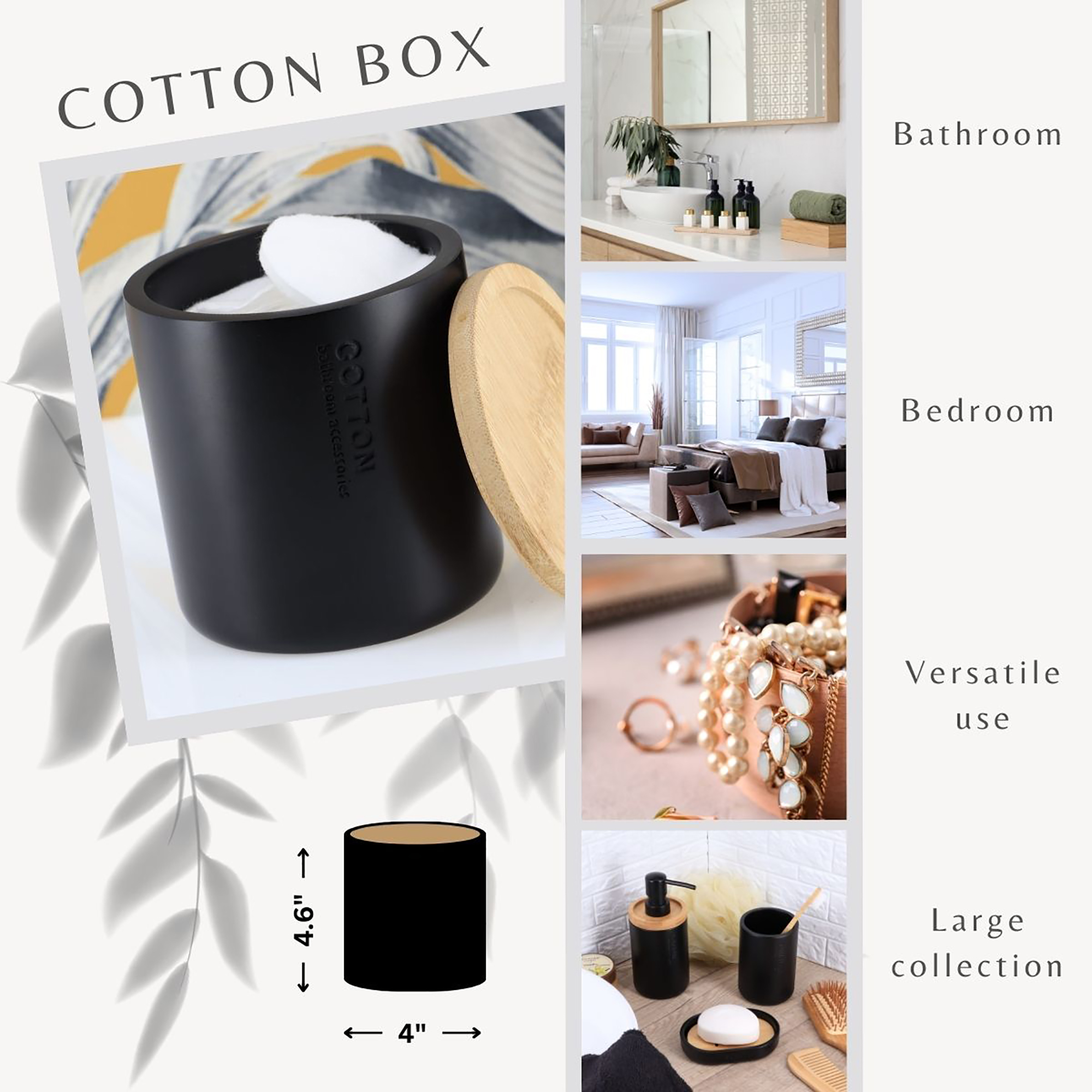 Black cotton box product collage showing versatile uses in bathroom and bedroom for storing cotton products and jewelry