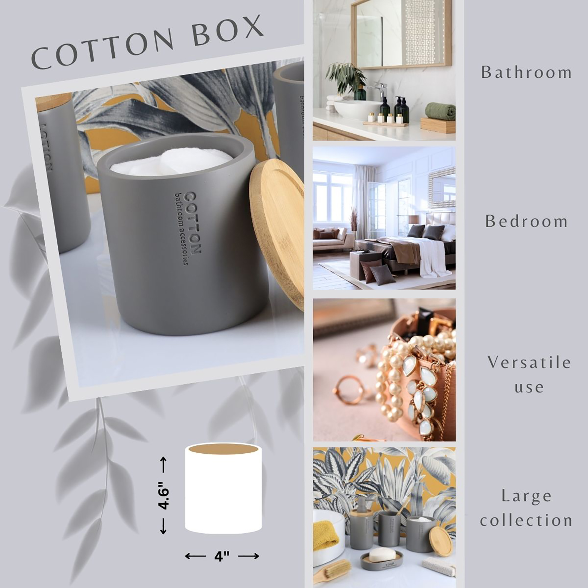 Gray cotton box product collage showing versatile uses in bathroom and bedroom for storing cotton products and jewelry