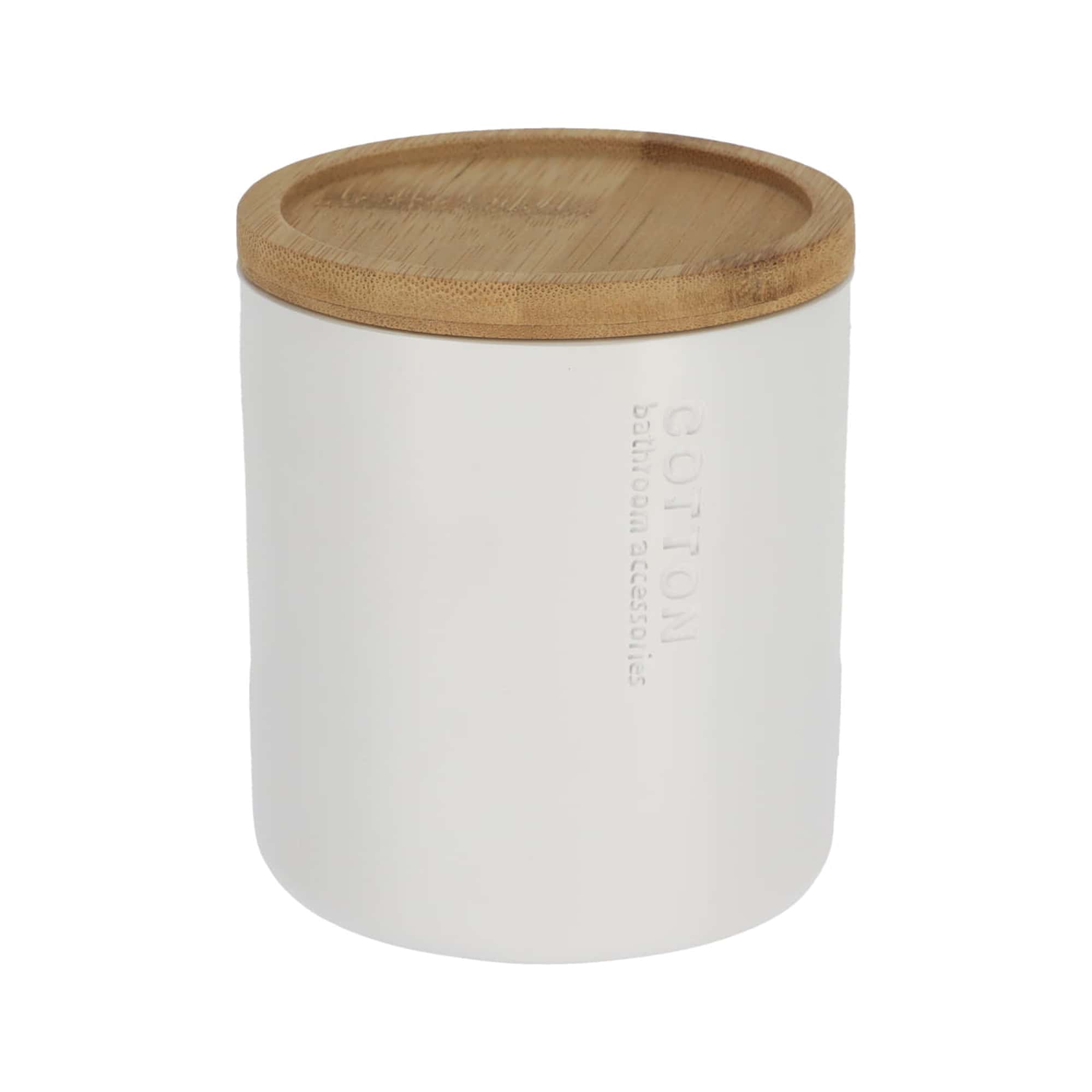 Pure Matte White Cotton Ball Jar with Natural Bamboo Lid Polyresin Bathroom Organizer