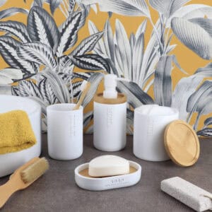 Snow white soap dish with bamboo base in modern bathroom scene