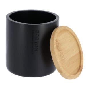 Black polyresin cotton container with bamboo lid displayed on white background