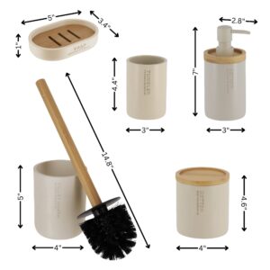 Infographic showcasing the dimensions of the beige bathroom accessories, including the soap dish, tumbler, lotion dispenser, cotton jar, and toilet brush holder.