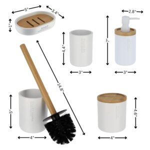 Infographic showcasing the dimensions of the white bathroom accessories, including the soap dish, tumbler, lotion dispenser, cotton jar, and toilet brush holder.