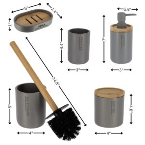 Infographic showcasing the dimensions of the gray bathroom accessories, including the soap dish, tumbler, lotion dispenser, cotton jar, and toilet brush holder.