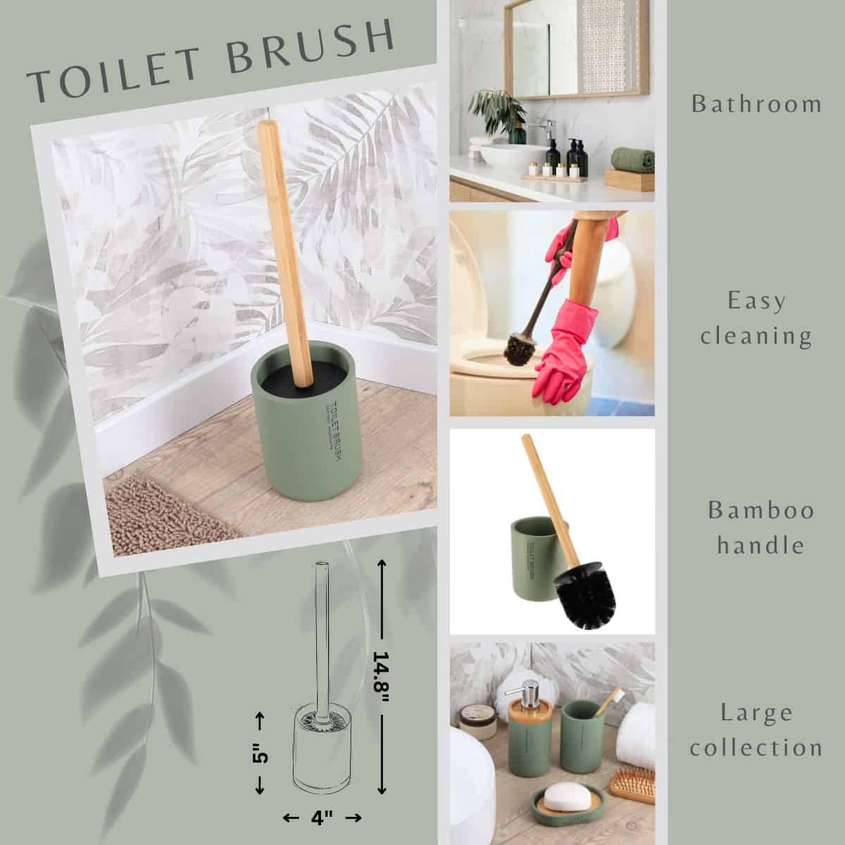 Versatile wooden olive green toilet brush and holder set for bathroom restroom easy cleaning