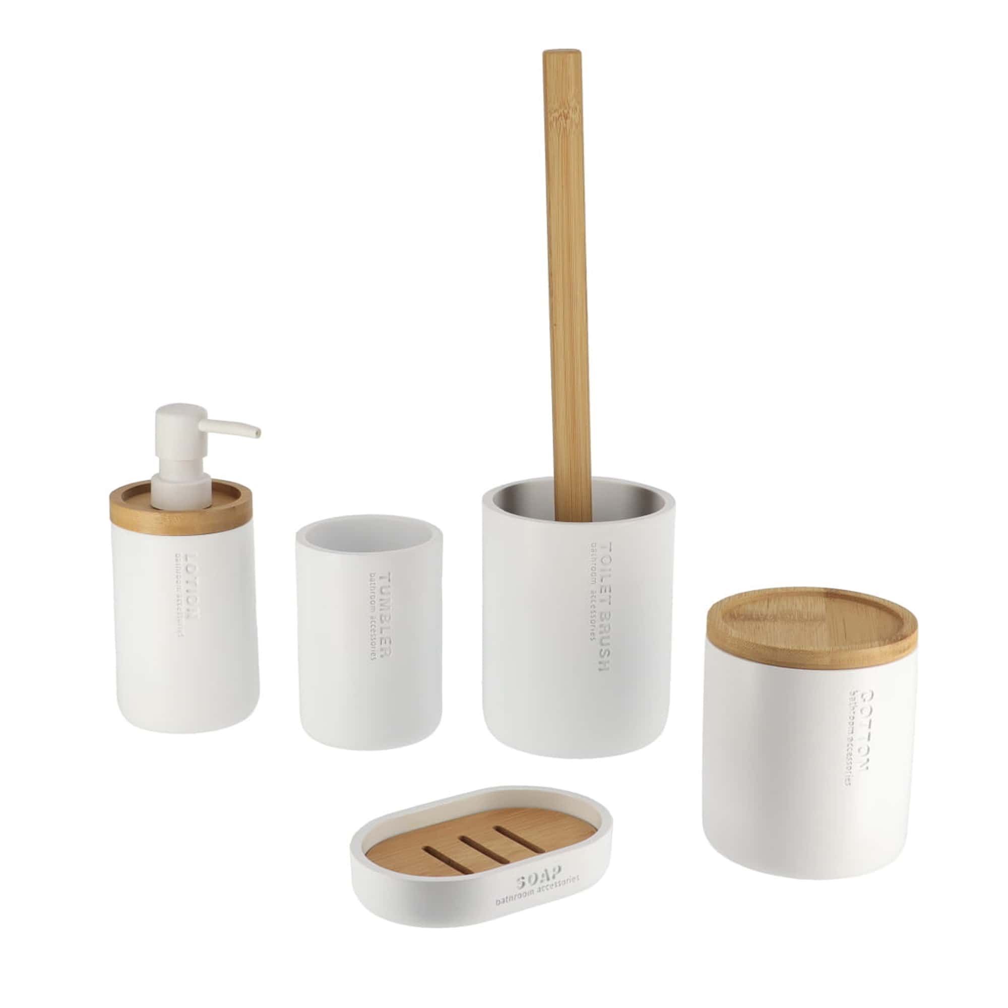 Elegant White Bathroom Accessory Kit with Bamboo Highlights 5 pieces Hand Soap Dispenser, Tumbler Cup, Toilet Brush Set, Cotton Box and Soap Tray