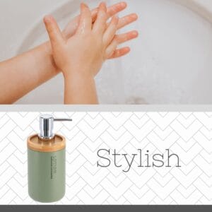 Close-up of green soap dispenser highlighting its modern design