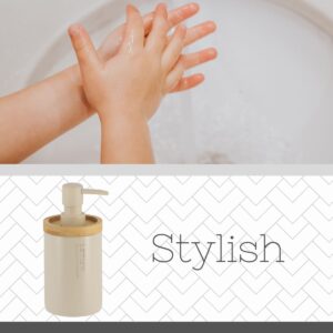 Close-up of beige soap dispenser highlighting its modern design