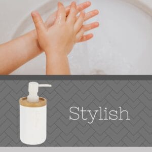 Close-up of white soap dispenser highlighting its modern design