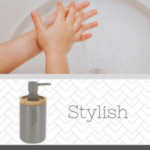 Close-up of gray soap dispenser highlighting its modern design