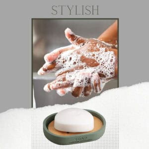 Green bamboo soap dish with bar soap and handwashing lifestyle scene