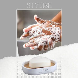 Snow white soap dish with bamboo insert in stylish handwashing scene