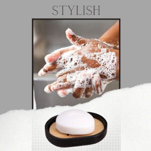 Stylish black soap dish with bamboo insert in handwashing scene