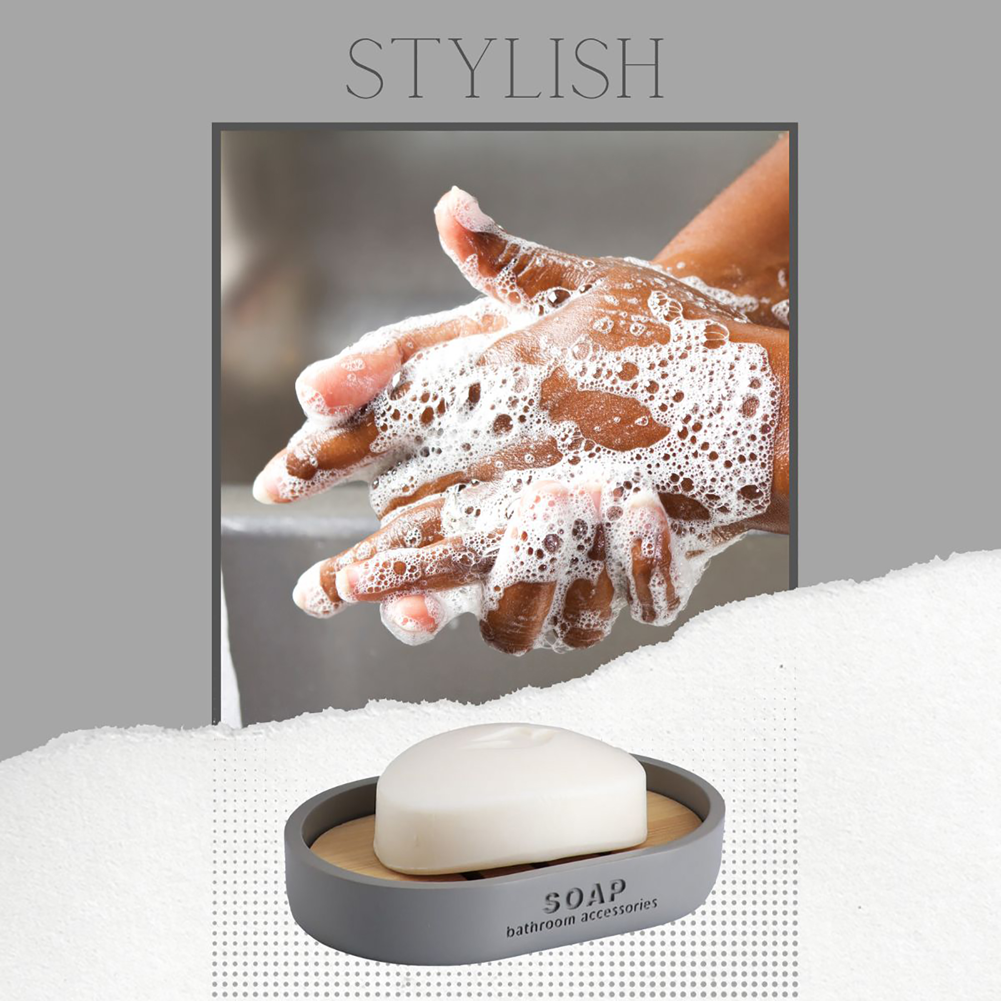 Dove gray soap dish with bamboo insert in modern handwashing scene