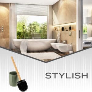 Banner image showing green toilet brush with bamboo handle and holder in modern bathroom setting