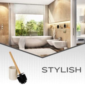 Banner image showing beige toilet brush with bamboo handle and holder in modern bathroom setting