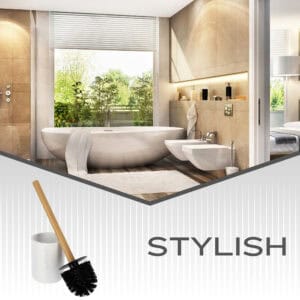 Banner image showing white toilet brush with bamboo handle and holder in modern bathroom setting