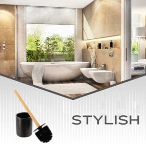 Banner image showing black toilet brush with bamboo handle and holder in modern bathroom setting