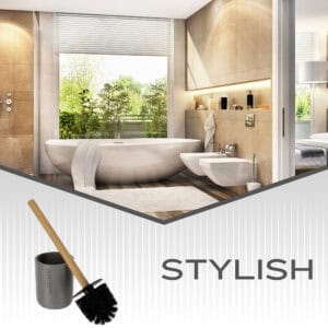 Banner image showing gray toilet brush with bamboo handle and holder in modern bathroom setting