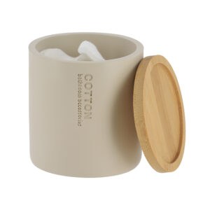 Open beige cotton jar with bamboo lid displayed separately, highlighting its spacious interior and clean design.