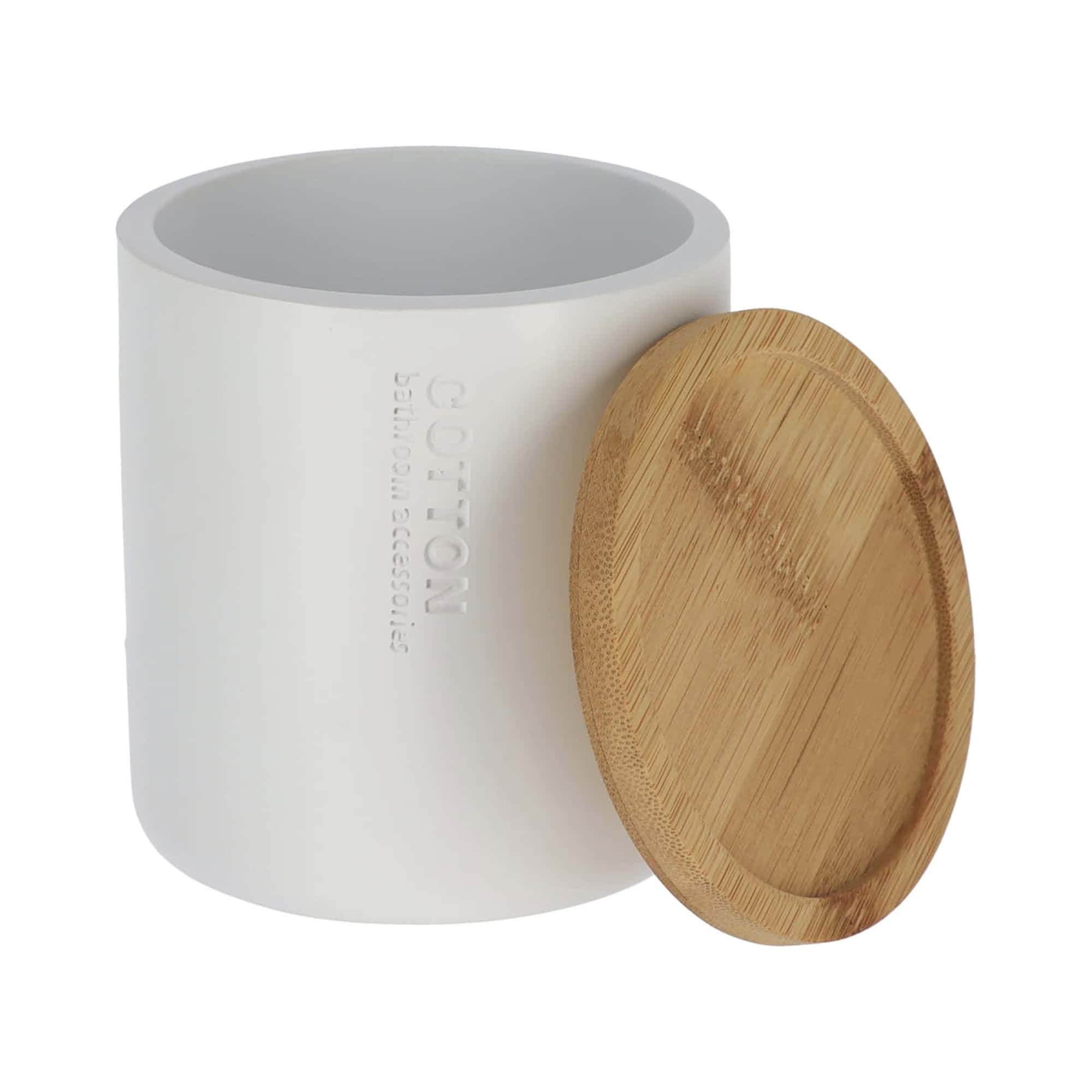 White polyresin cotton storage container with natural bamboo lid on white background