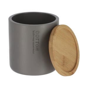 Gray polyresin cotton container with bamboo lid displayed on white background