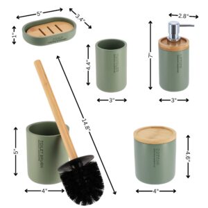 Dimensions infographic for green bathroom accessory set items including lotion dispenser, tumbler, soap dish, and toilet brush holder.