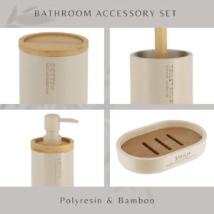 Collage highlighting the materials and design features of the beige bathroom accessory set with polyresin and bamboo elements.