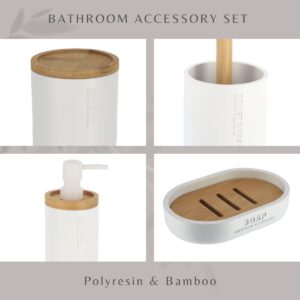 Collage highlighting the materials and design features of the white bathroom accessory set with polyresin and bamboo elements.