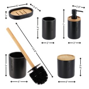 Dimensions infographic for black bathroom accessory set items including lotion dispenser, tumbler, soap dish, and toilet brush holder.