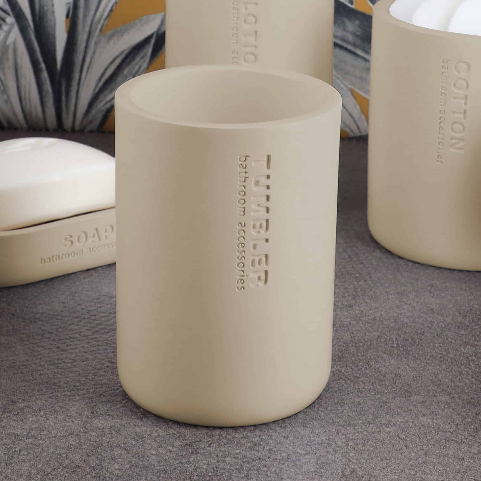 Versatile collection bamboo polyresin cream tumbler soap pump soap cup toilet brush set cotton box for bathroom kitchen office