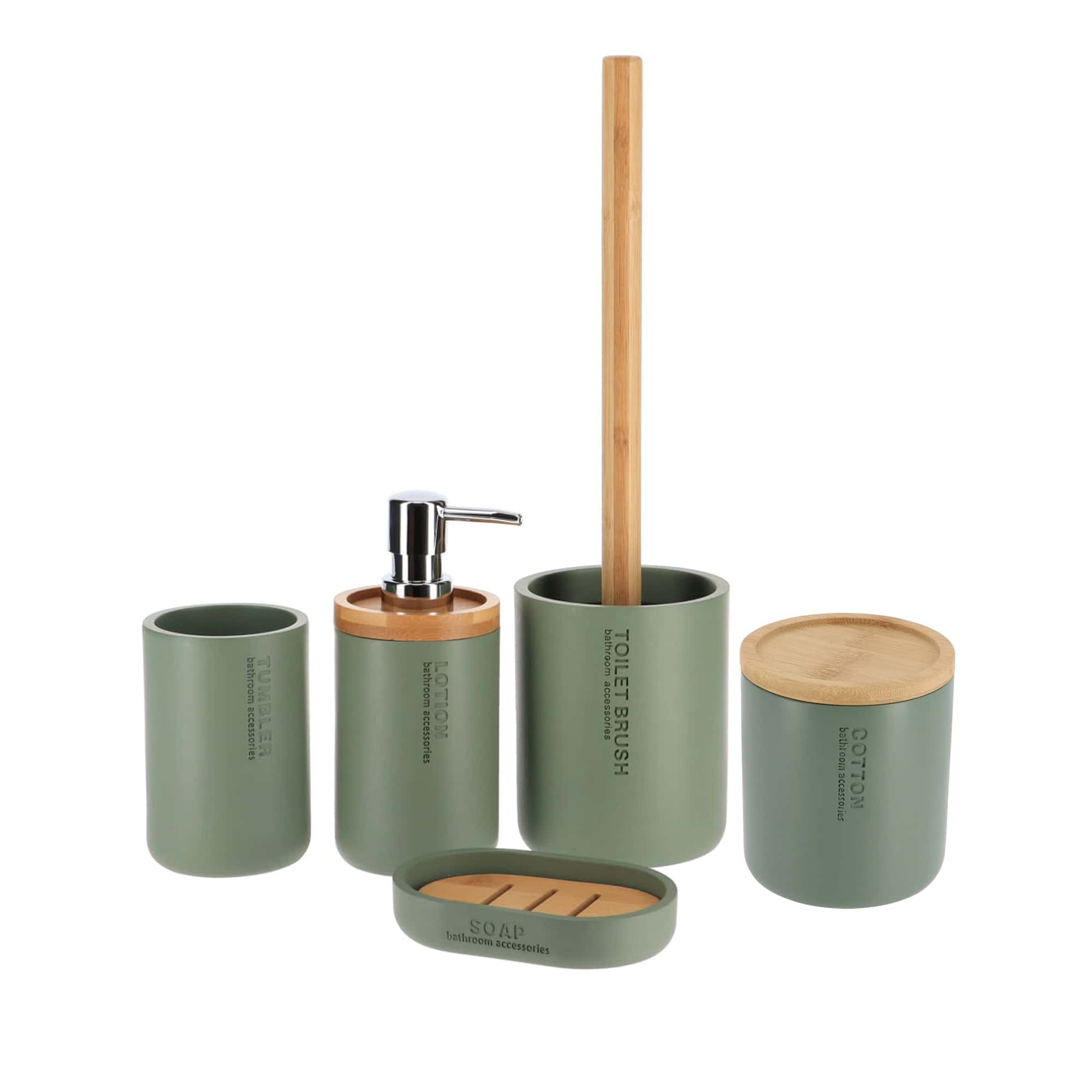 Sleek Green Bathroom Accessory Set with Bamboo Accents 5 pieces Toothbrush Cup, Soap Dispenser, Toilet Brush, Cotton Jar and Soap Dish