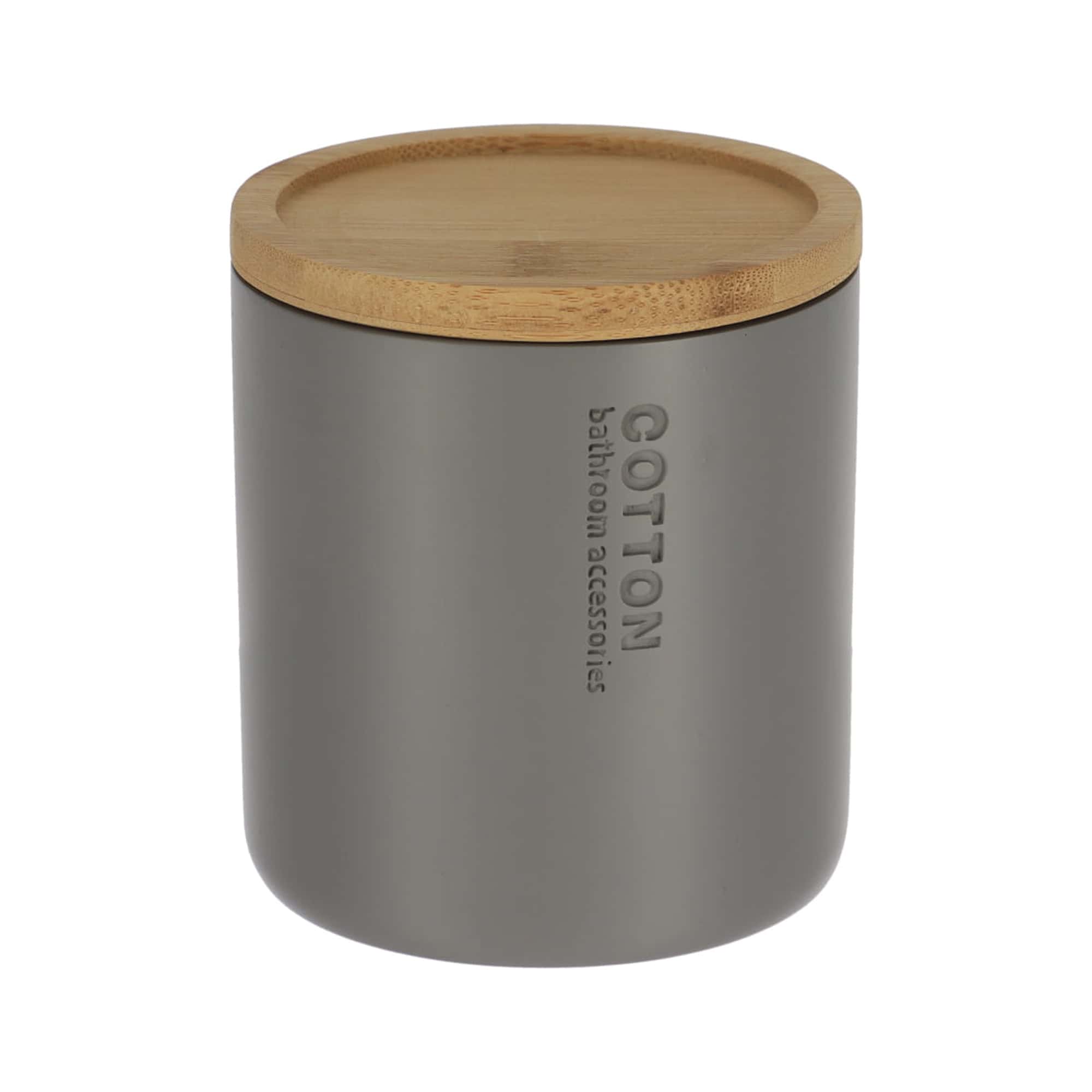 Modern Matte Gray Cotton Pad Jar with Natural Bamboo Lid Polyresin Bathroom Storage Solution