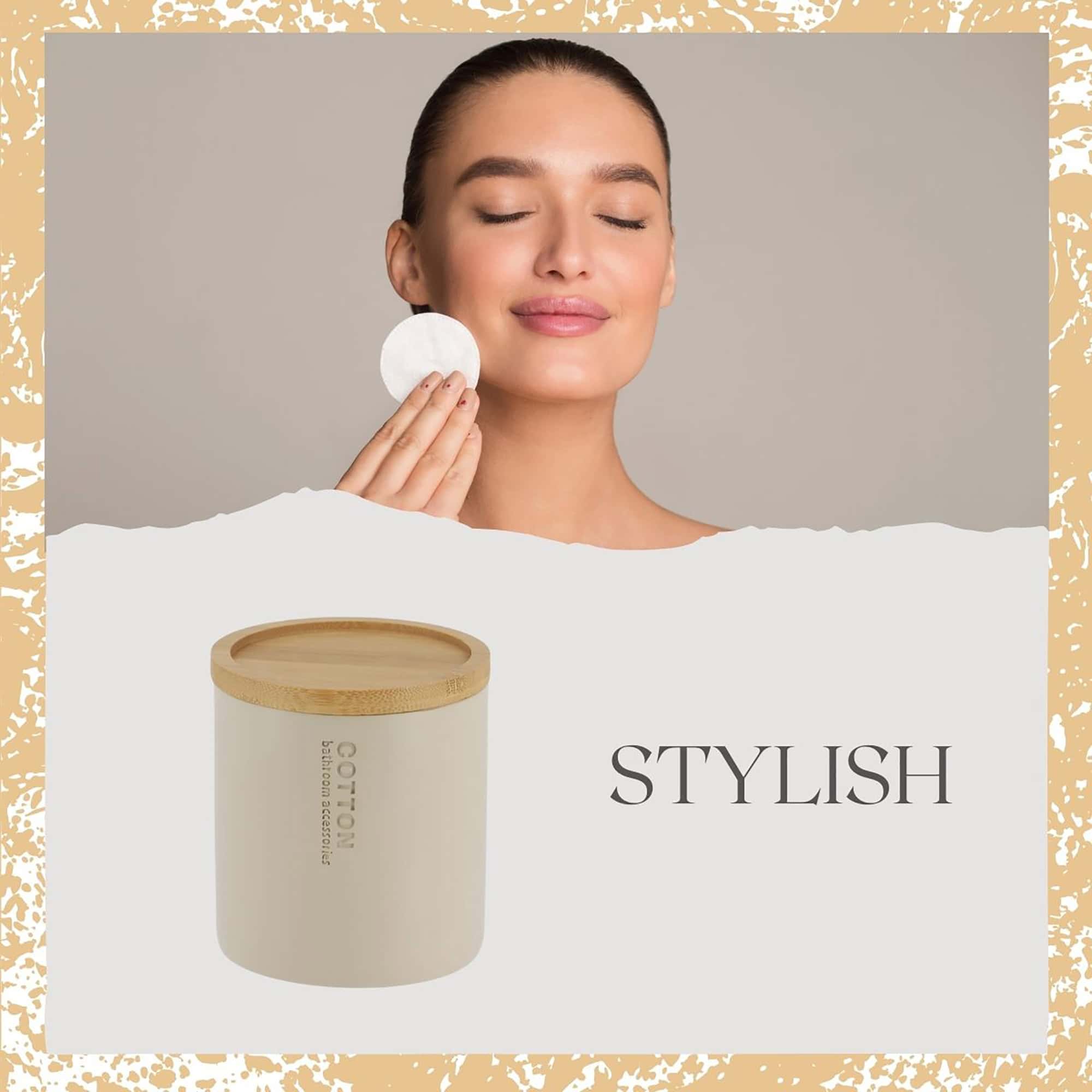 Stylish beige cotton jar with bamboo lid featured alongside a model using a cotton pad, highlighting its practical and aesthetic appeal.