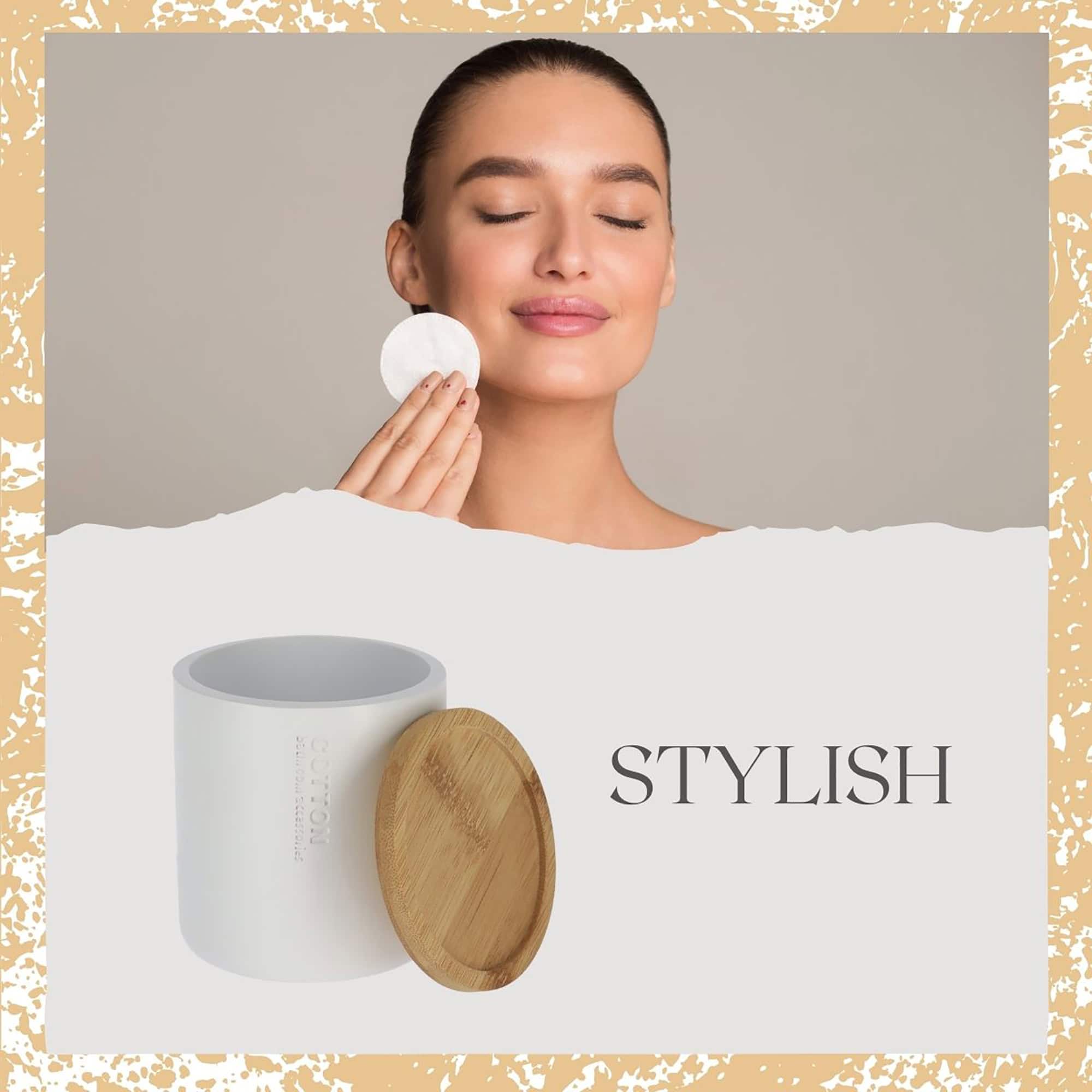 Stylish promotional image showing woman using cotton pad with white bamboo-lid storage jar