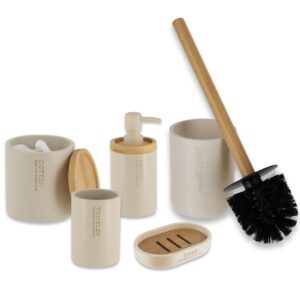 Complete bathroom accessory set in beige featuring bamboo accents