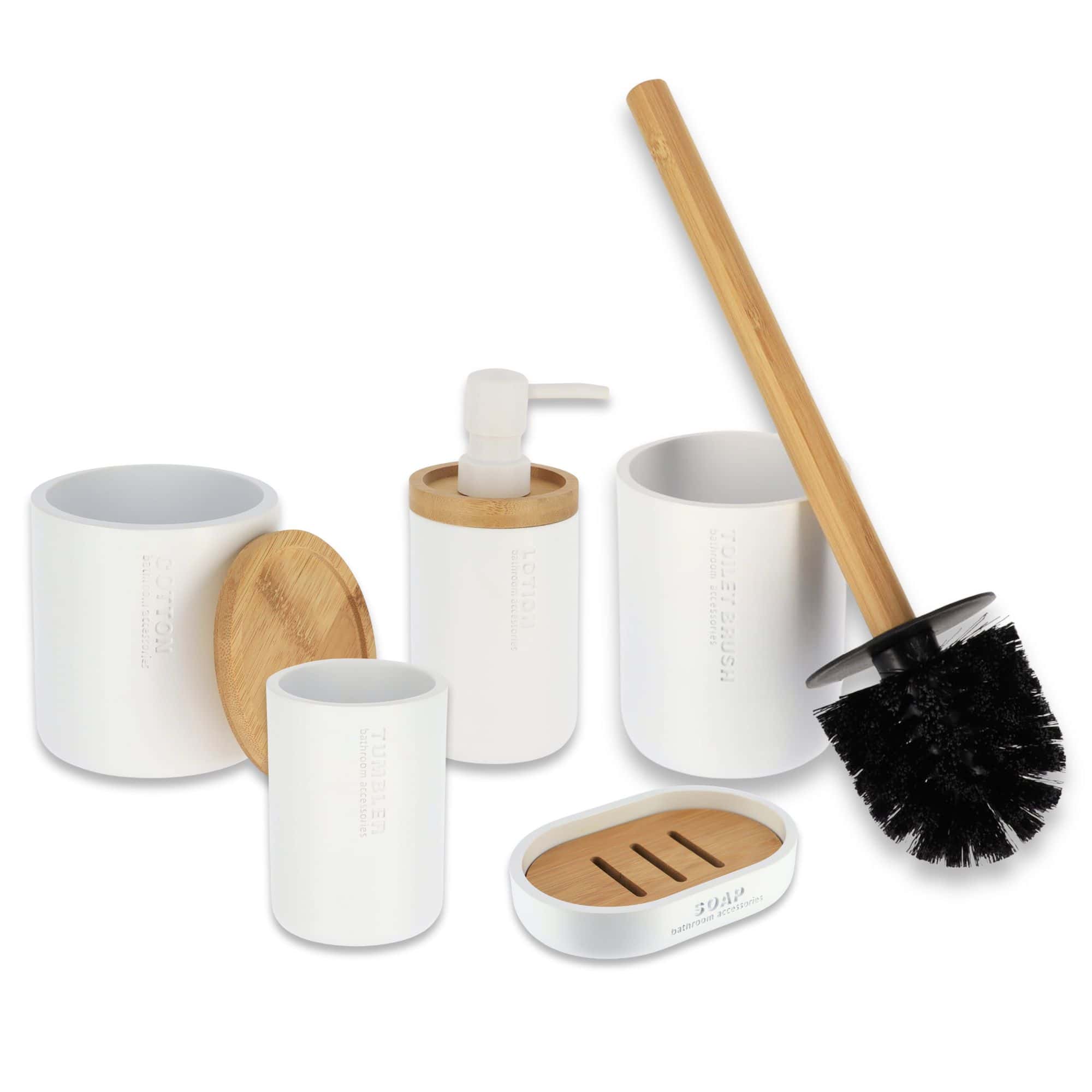 Complete bathroom accessory set in white featuring bamboo accents