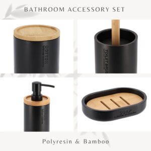 Close-up details of black bathroom accessories made of polyresin and bamboo, emphasizing aesthetic appeal.