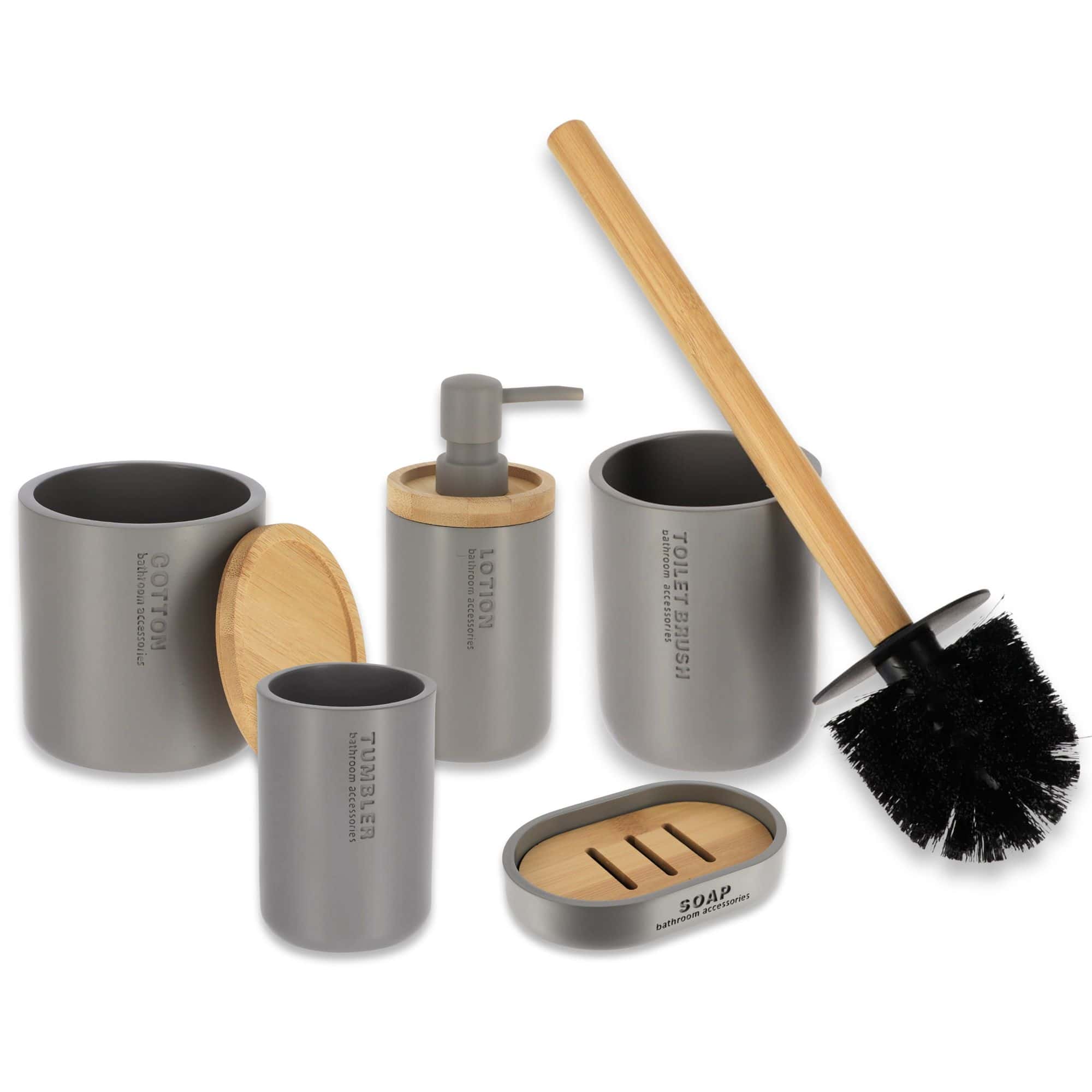 Complete bathroom accessory set in gray featuring bamboo accents