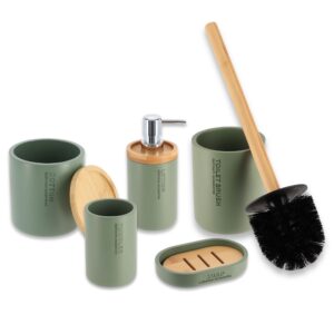 Complete 5-piece green bathroom accessory set including toilet brush, cotton jar, lotion dispenser, tumbler, and soap dish.