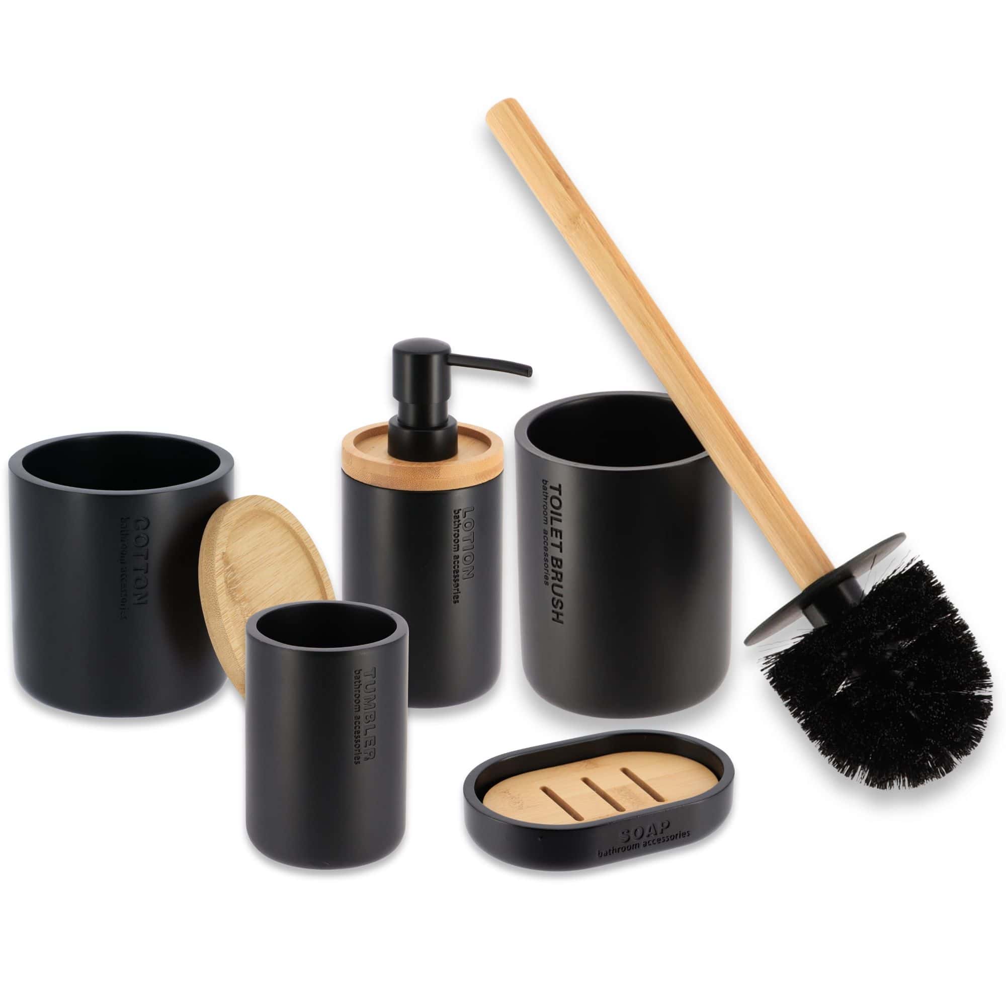 Complete 5-piece black bathroom accessory set including toilet brush, cotton jar, lotion dispenser, tumbler, and soap dish.