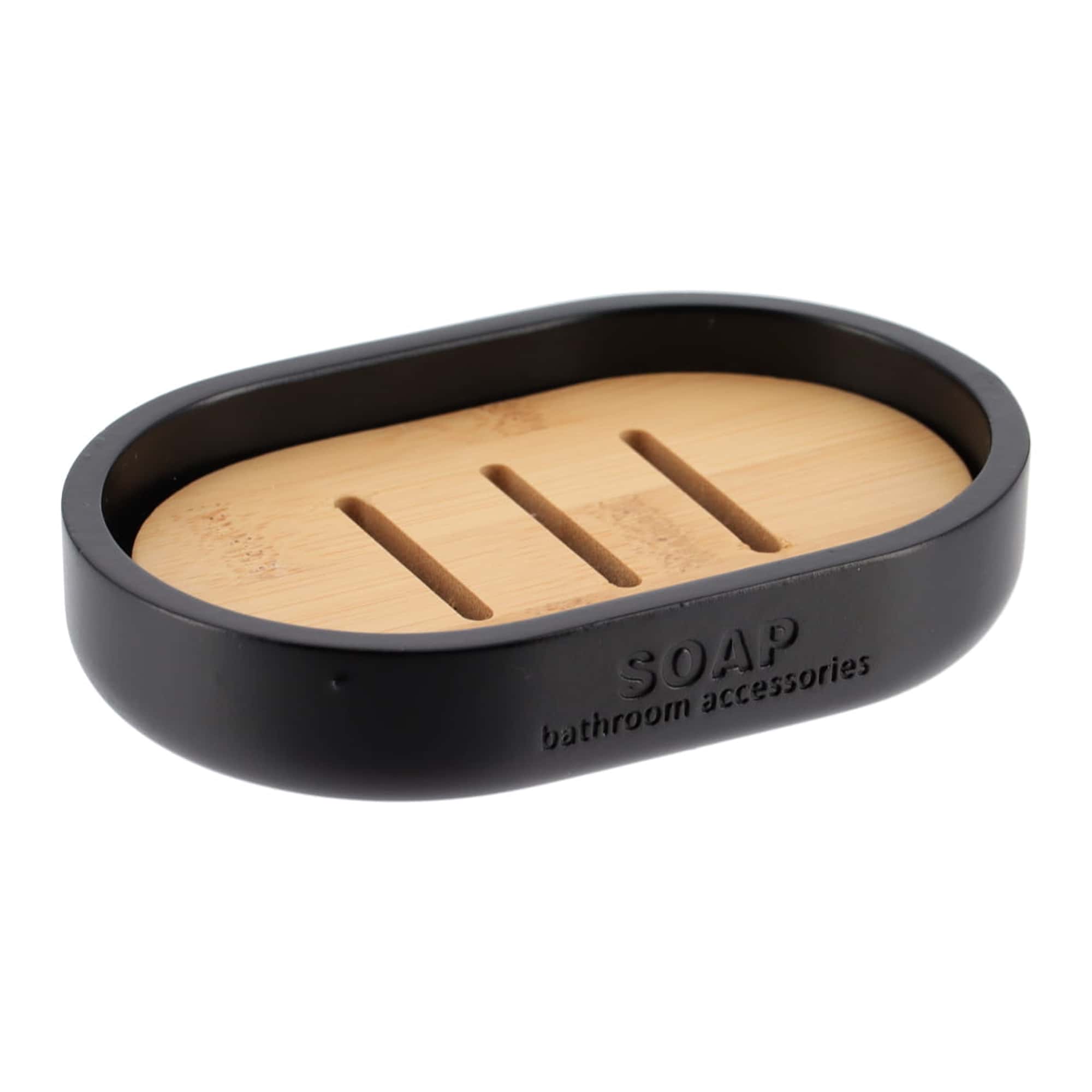 Sleek Matte Black Soap Dish with Bamboo Base Polyresin Soap Tray for Sophisticated Decor