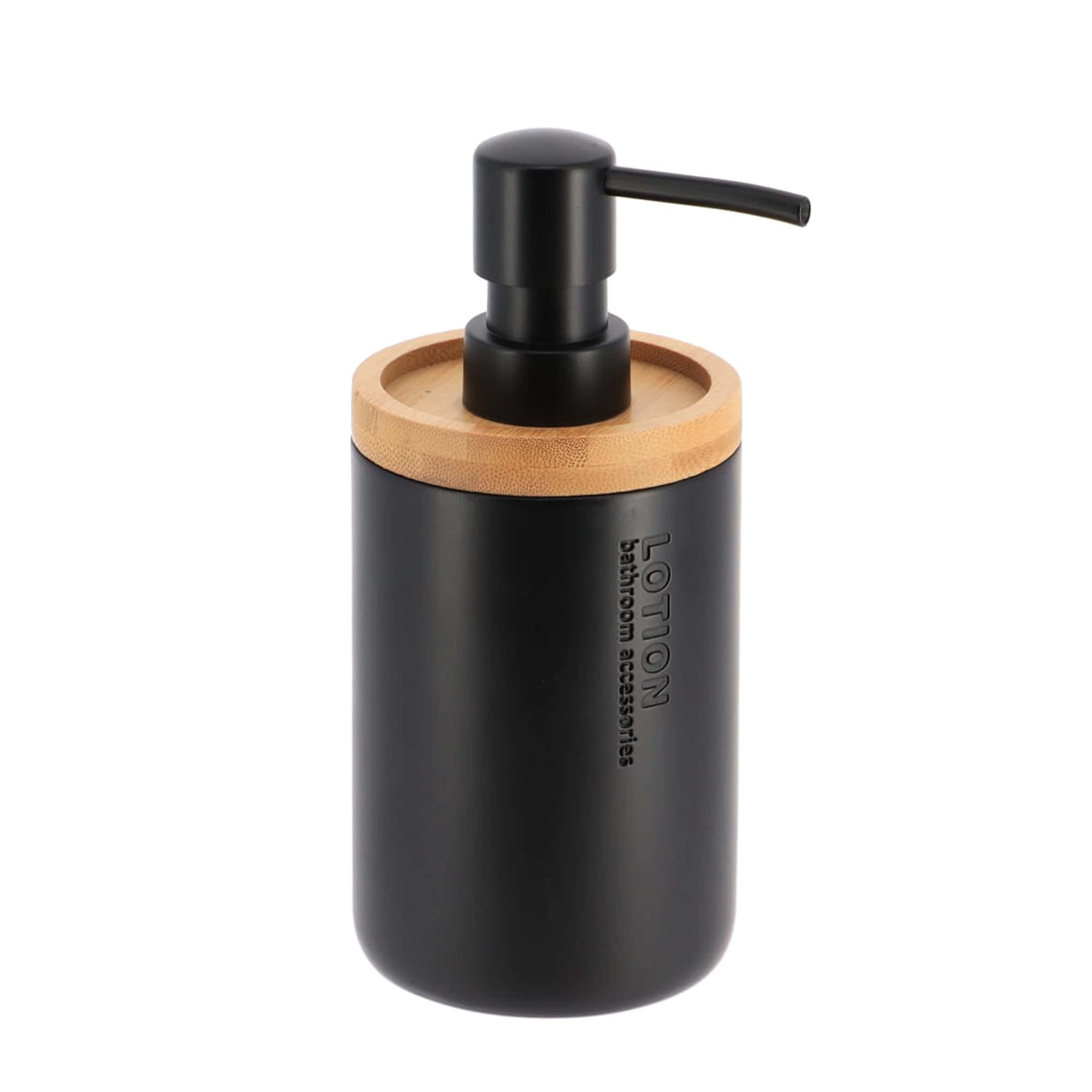 Sleek Matte Black Soap Dispenser with Natural Bamboo Detail Polyresin Hand Pump Elegant Bathroom Accessory