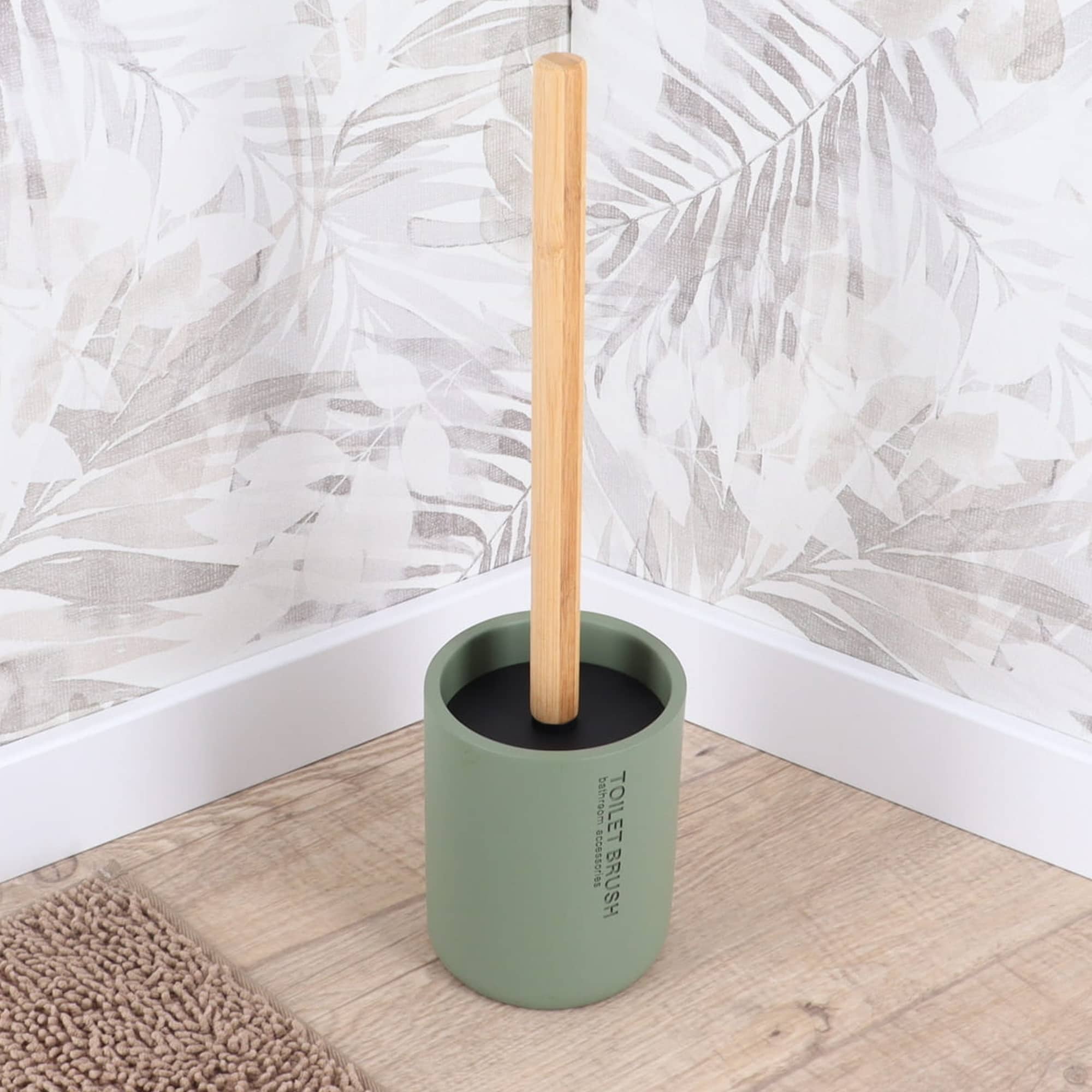 Minimalist design matte khaki green bamboo handle engraved Toilet brush bathroom accessories
