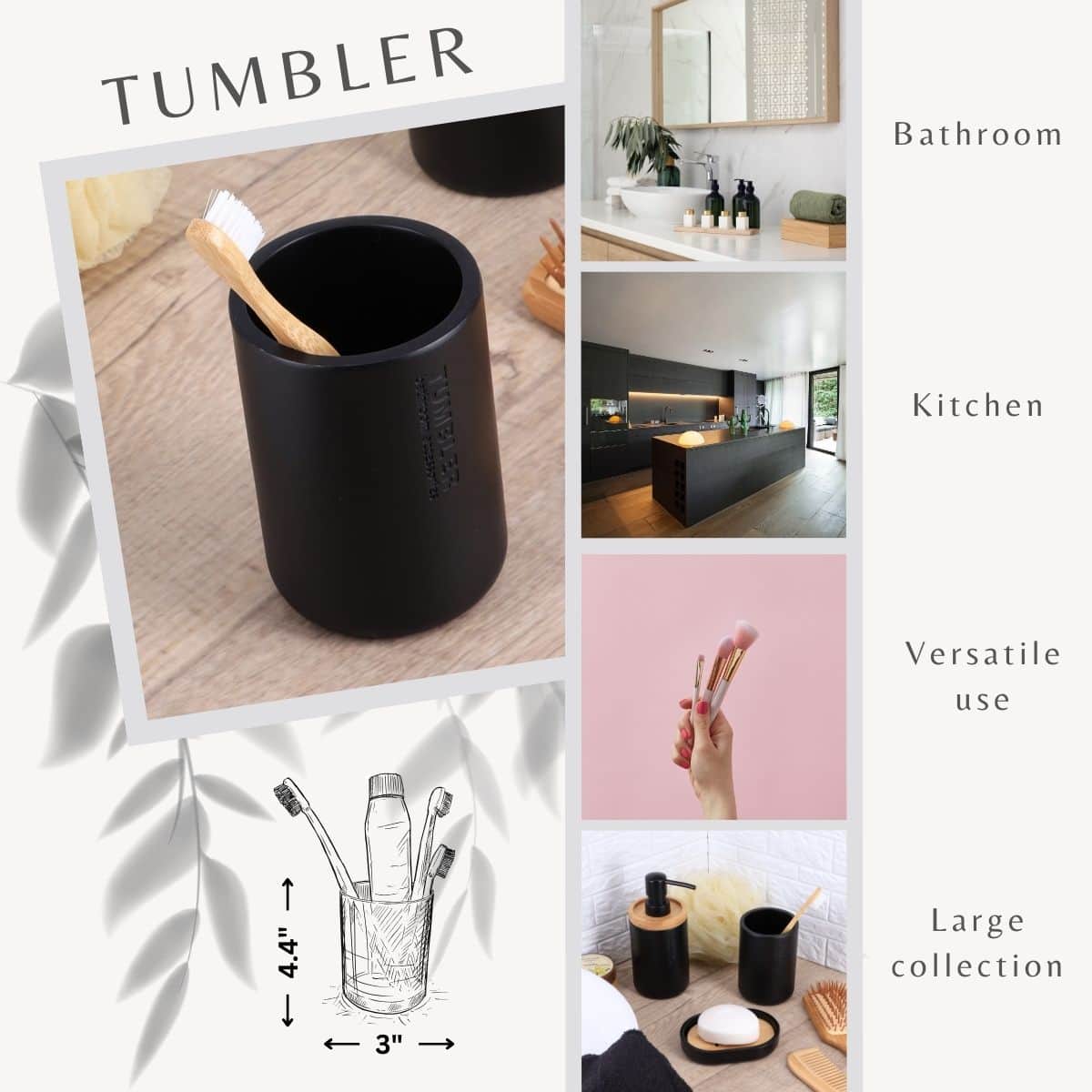Versatile onyx black tumbler cup for bathroom kitchen toothbrushes make-up brushes combs bathroom essentials