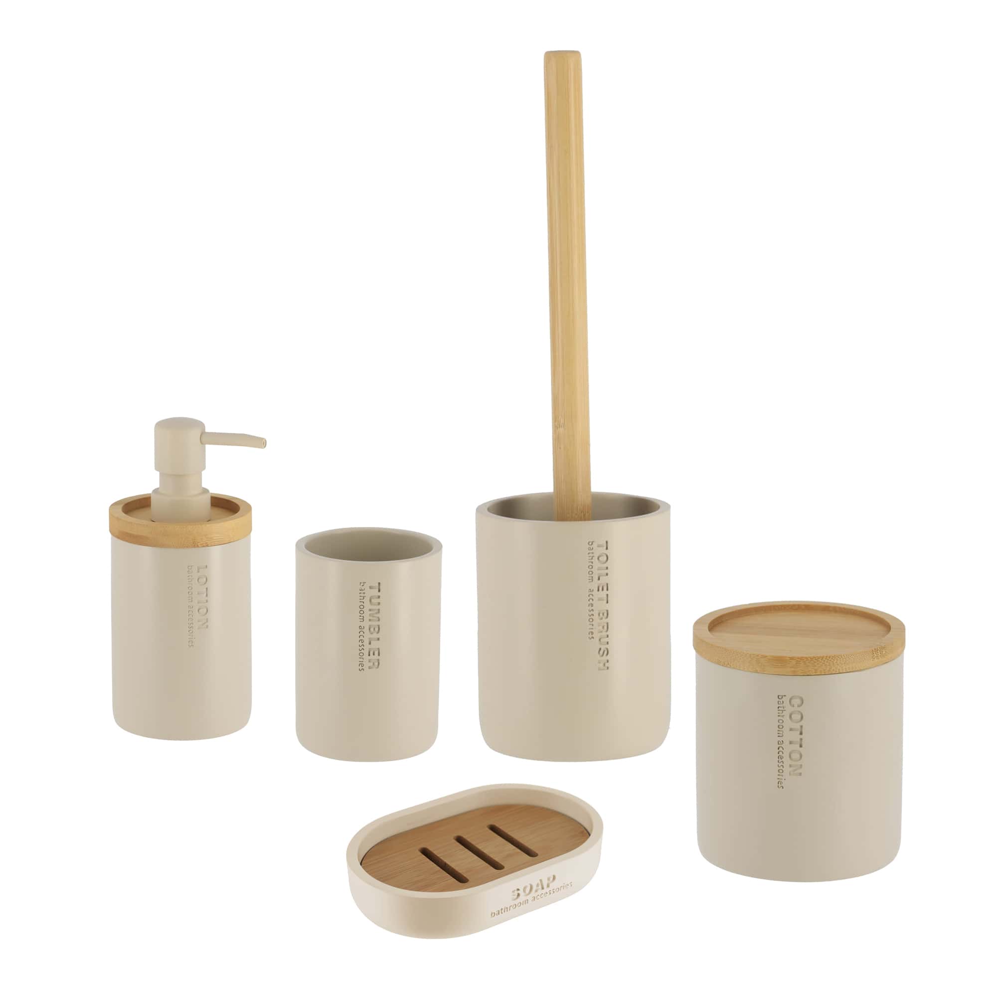 Chic Beige Bathroom Essentials Set with Natural Bamboo 5 pieces Liquid Soap Pump, Toothbrush Cup, Toilet Brush Holder, Cotton Container and Soap Holder