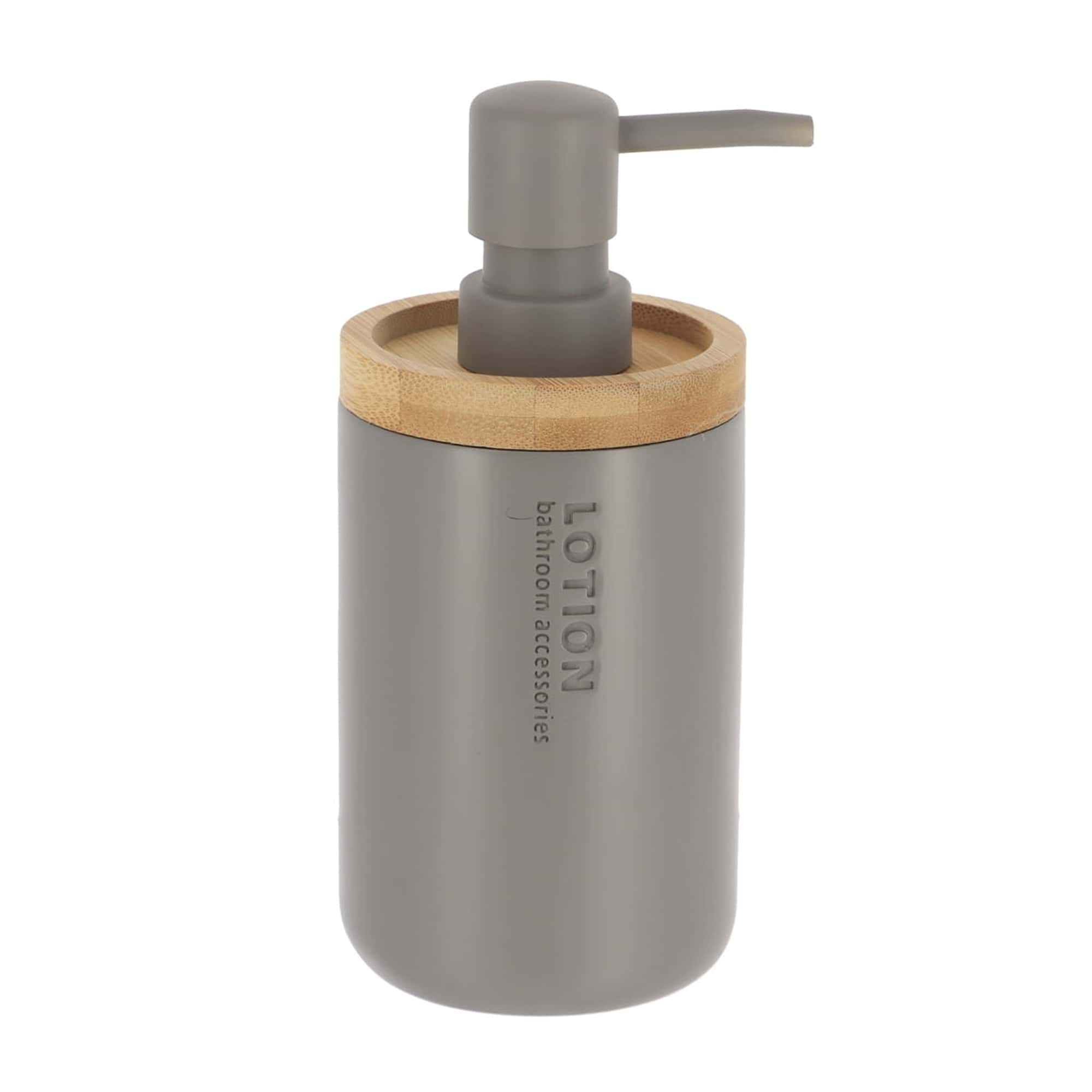 Modern Matte Gray Soap Dispenser with Natural Bamboo Accent Polyresin Hand Lotion Pump Contemporary Bathroom Accessory