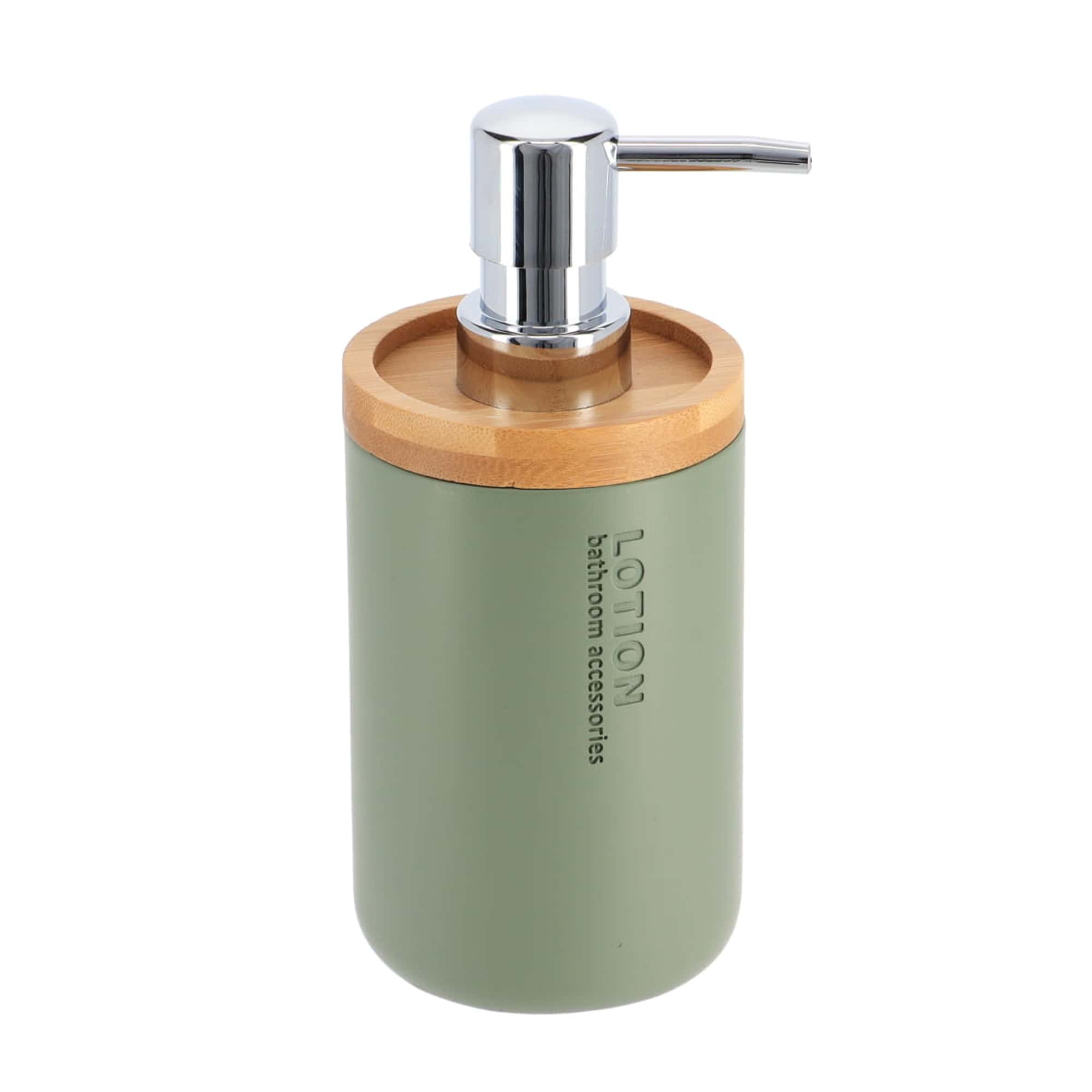 Chic Matte Green Soap Dispenser with Natural Bamboo Accent Polyresin Hand Wash Pump Versatile Bathroom Accessory